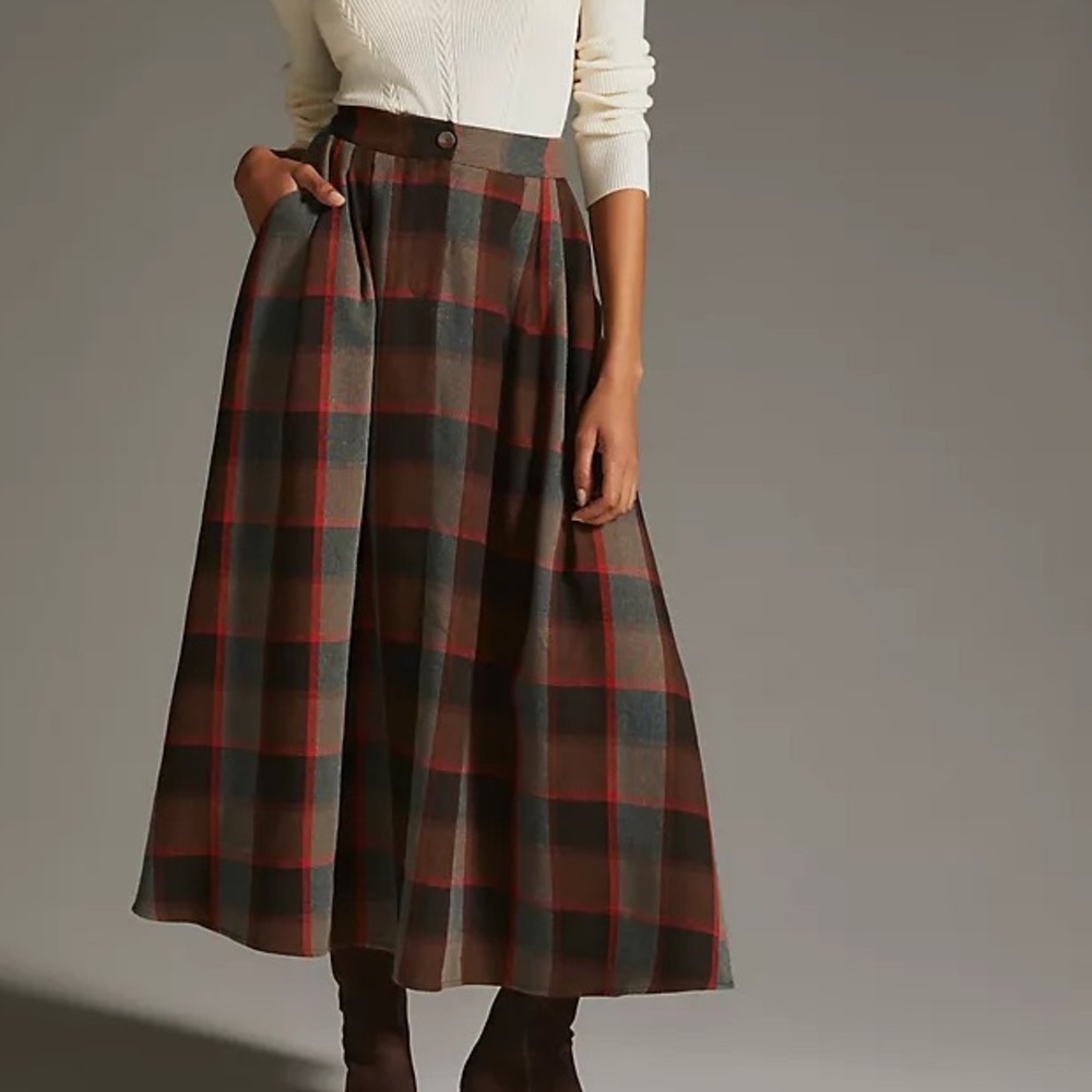 Midi Buffalo Check Plaid Wool Skirt